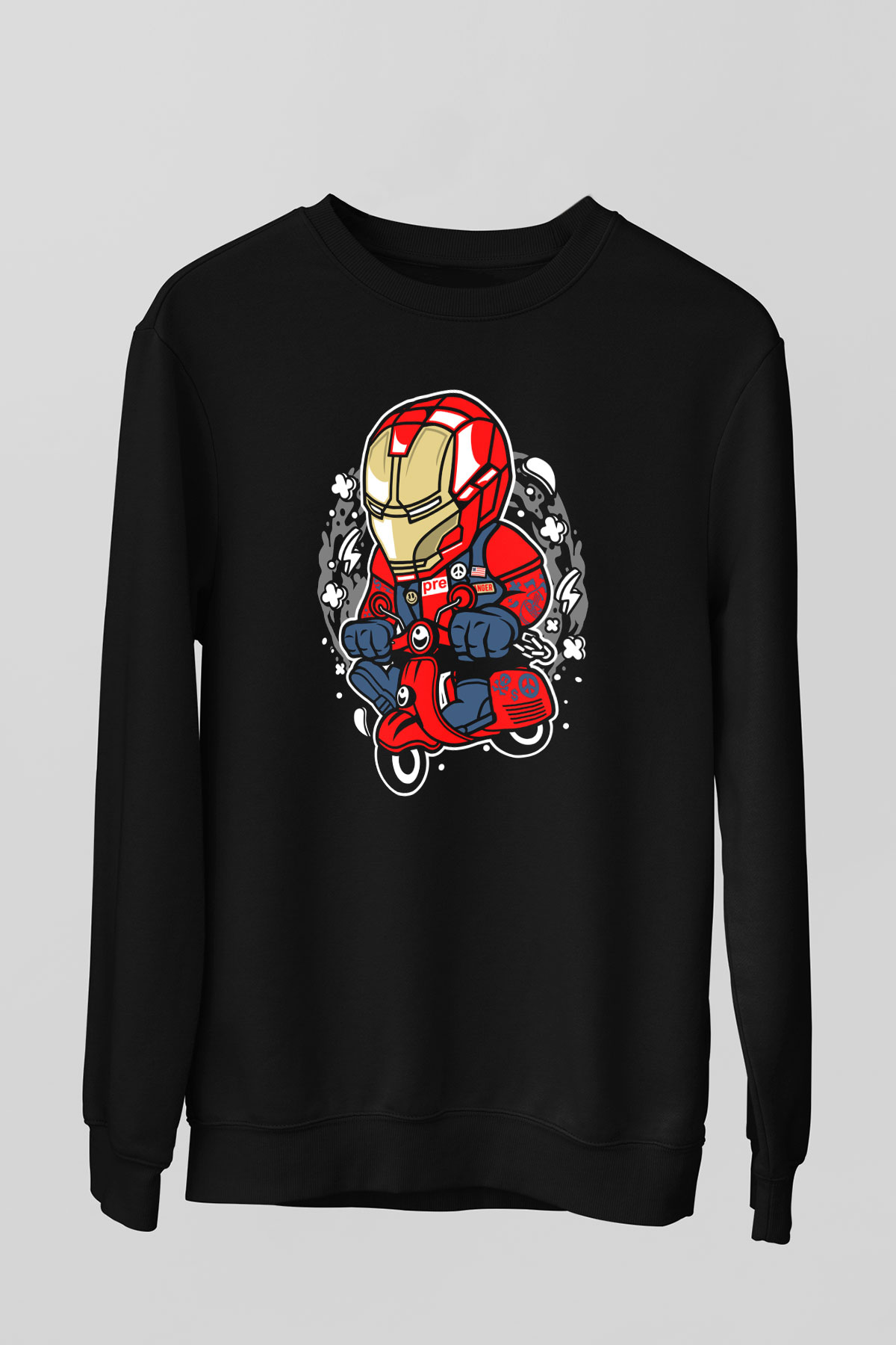 Iron Man Scooter Baskılı Unisex Siyah Sweatshirt
