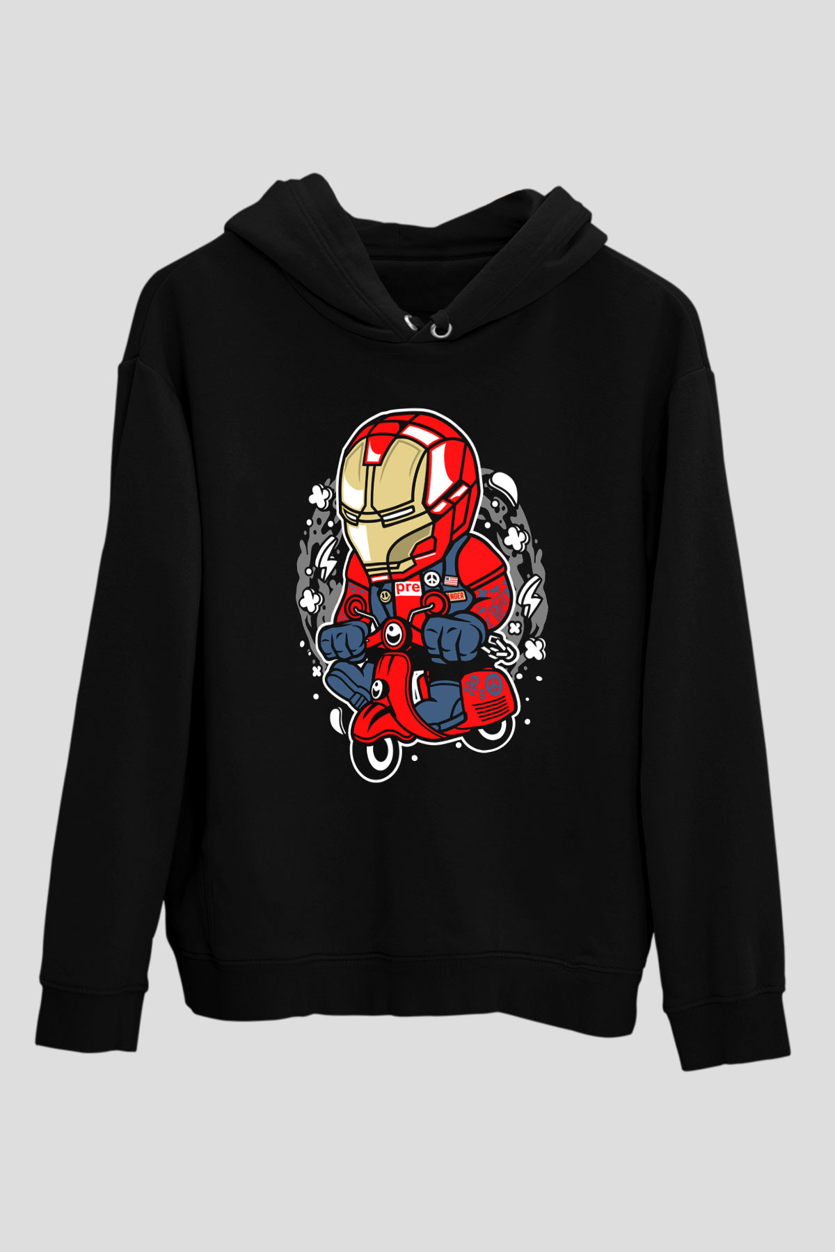 Iron Man Scooter Baskılı Unisex Siyah Hoodie