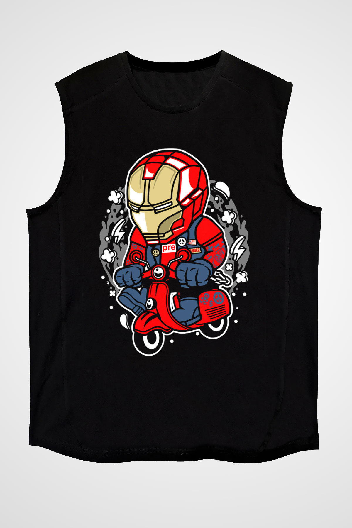 Iron Man Scooter Baskılı Unisex Siyah Kolsuz Tişört