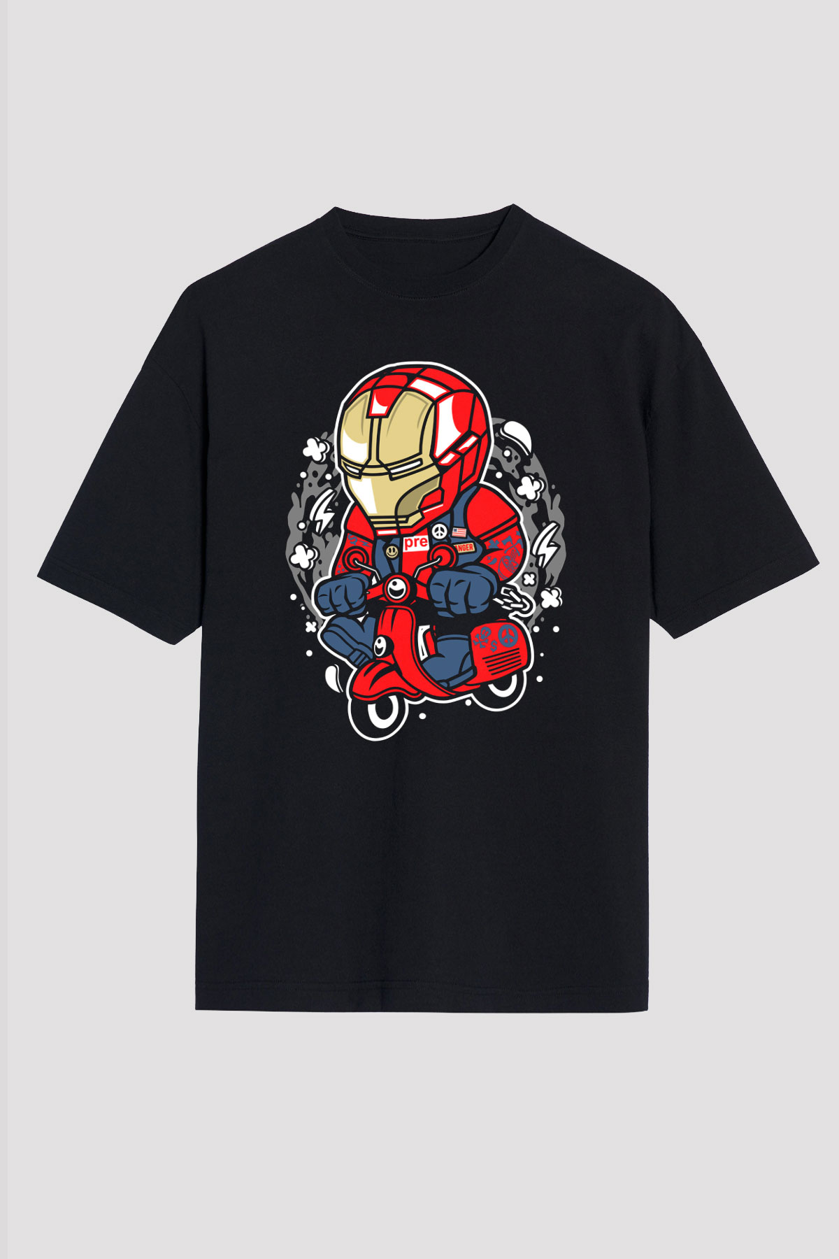 Iron Man Scooter Baskılı Unisex Siyah Oversize Tişört