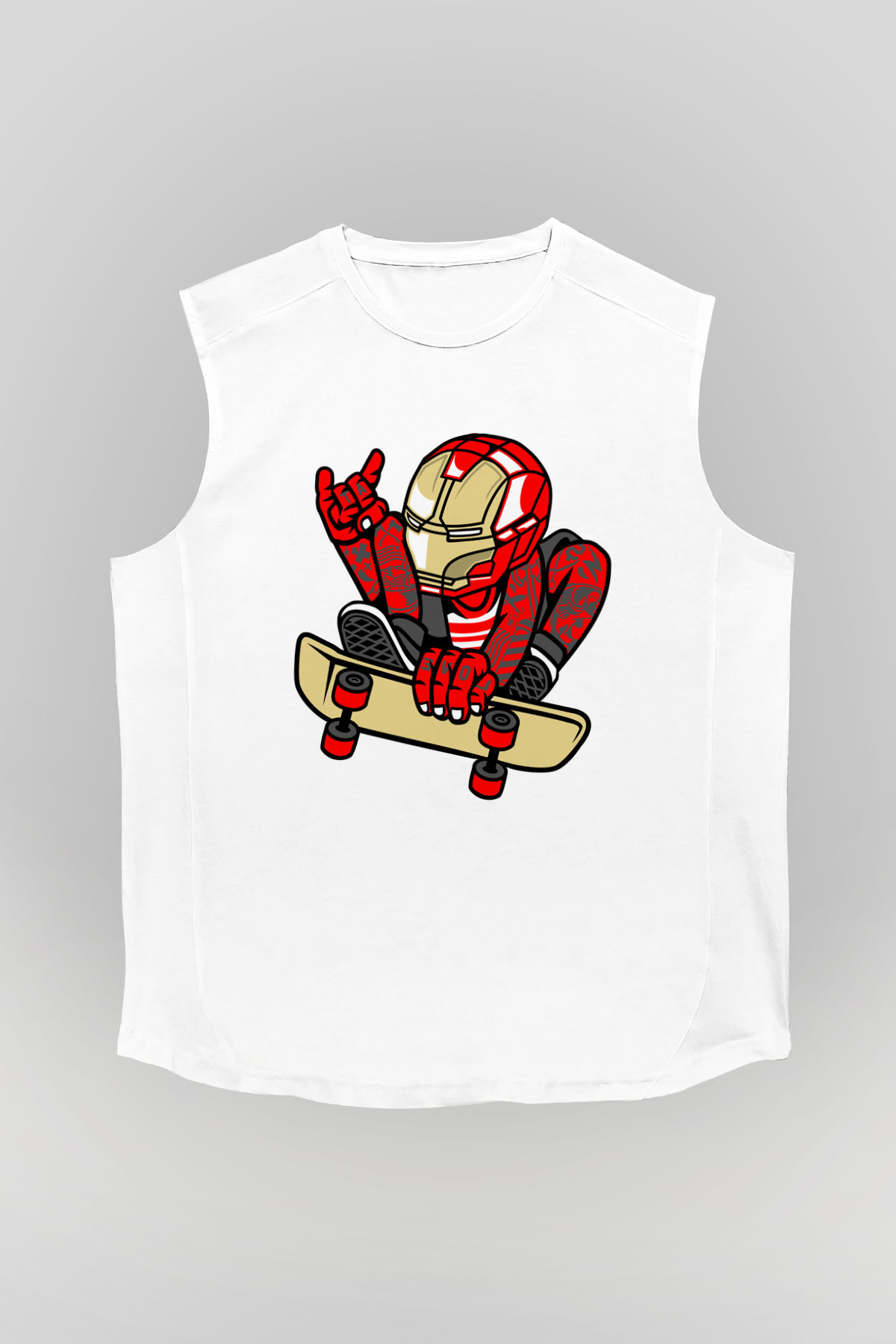Iron Man Skateboard Baskılı Unisex Beyaz Kolsuz Tişört