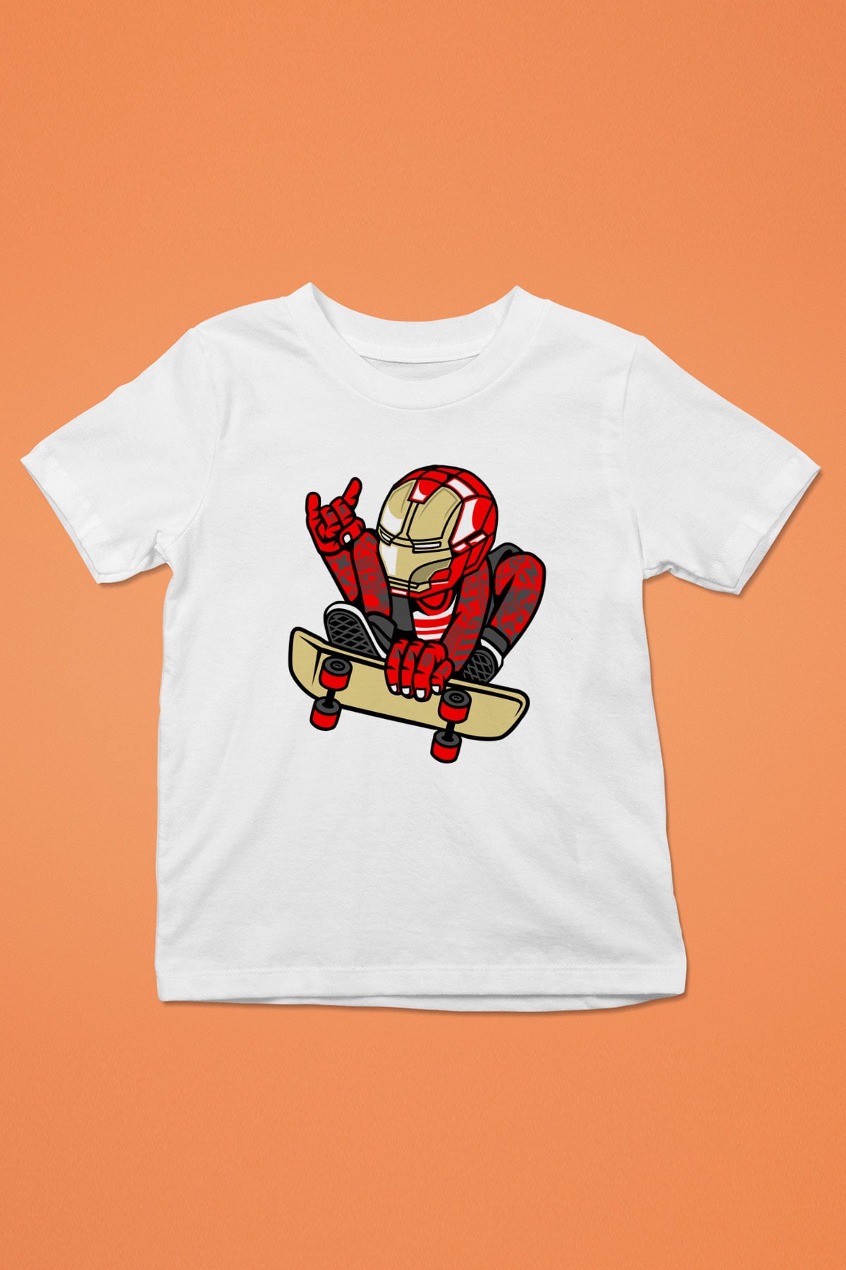 Iron Man Skateboard Baskılı Unisex Beyaz Çocuk Tişört