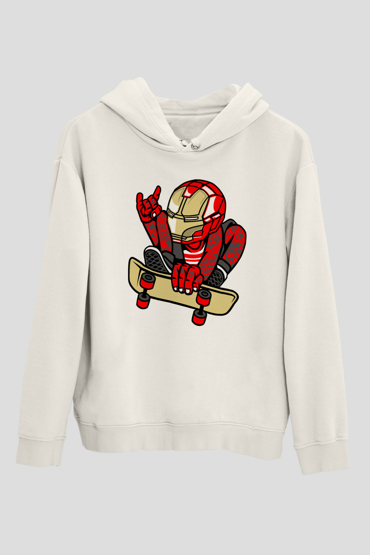 Iron Man Skateboard Baskılı Unisex Beyaz Hoodie