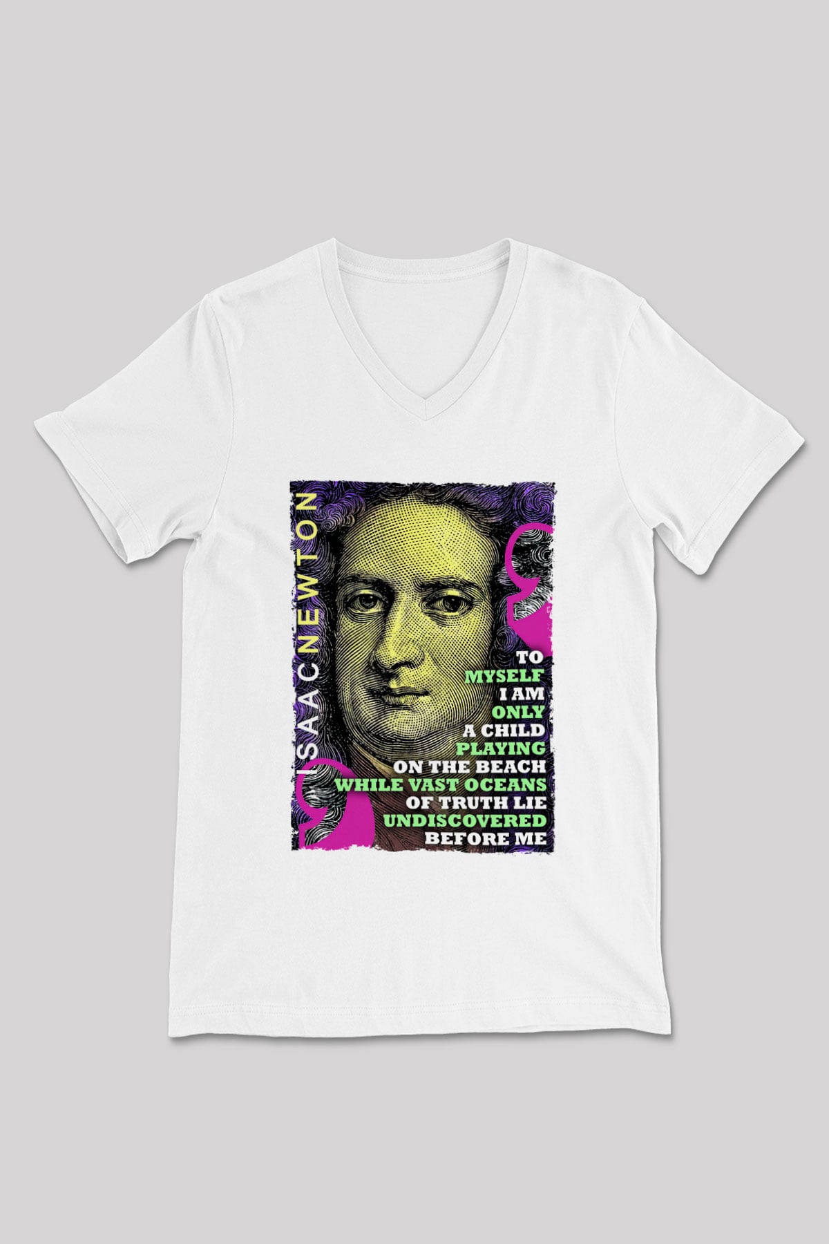 Isaac Newton Alıntı Baskılı Unisex V Yaka Beyaz Tişört - Tshirt