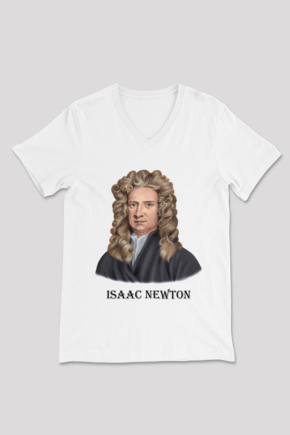 İsaac Newton Portre Baskılı Unisex Beyaz V Yaka Tişört