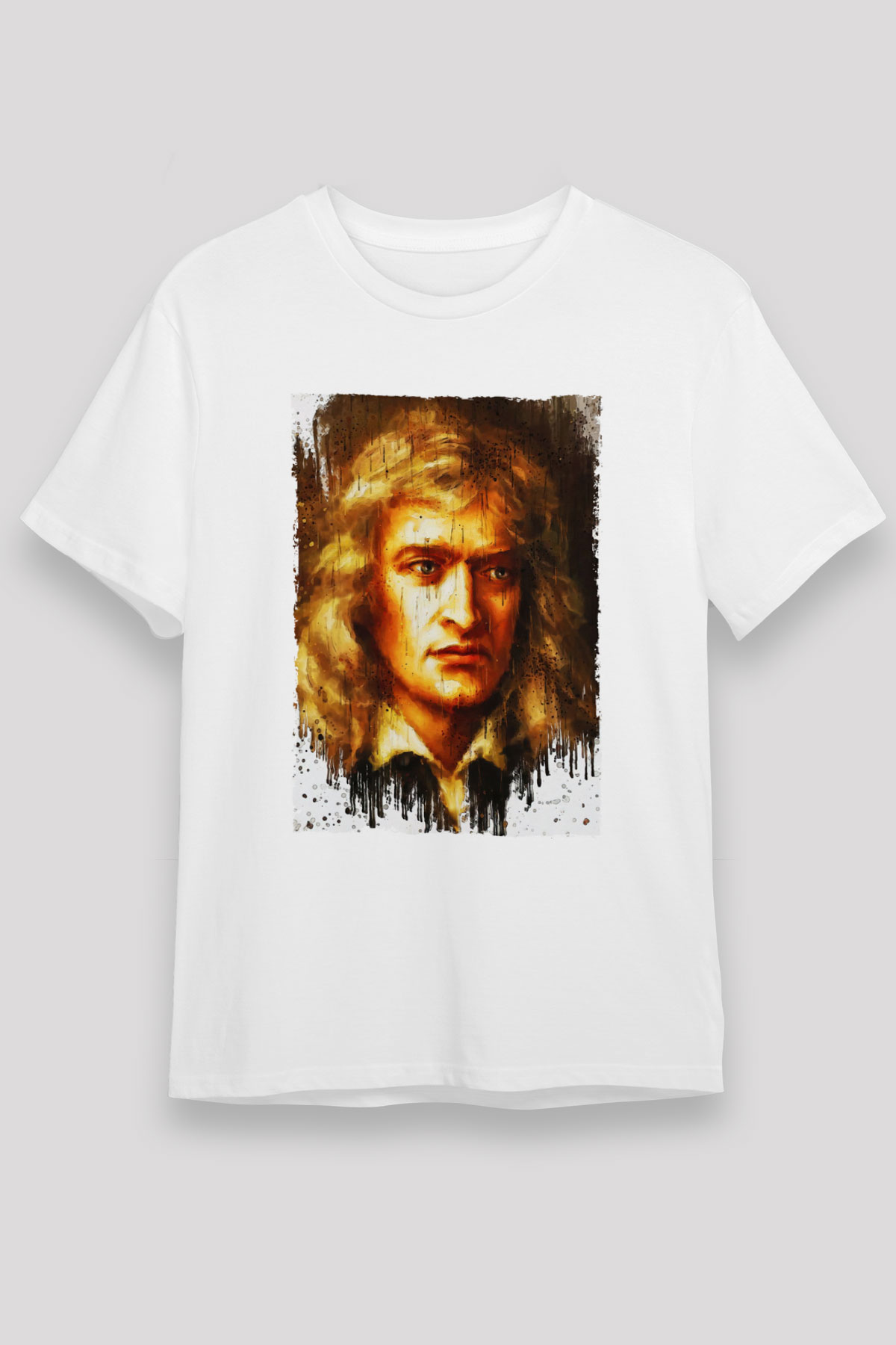 Isaac Newton Portre Baskılı Unisex Beyaz Tişört - Tshirt