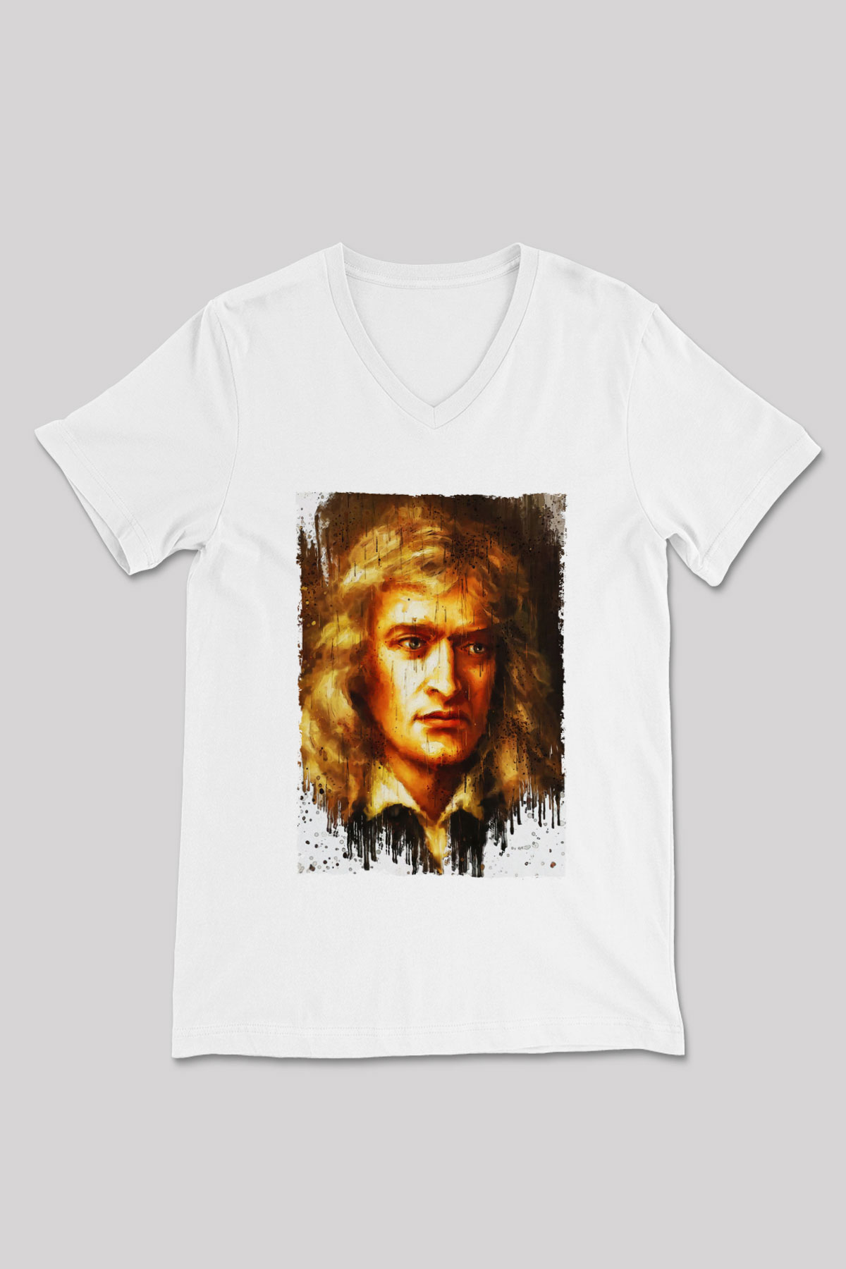 Isaac Newton Portre Baskılı Unisex V Yaka Beyaz Tişört - Tshirt