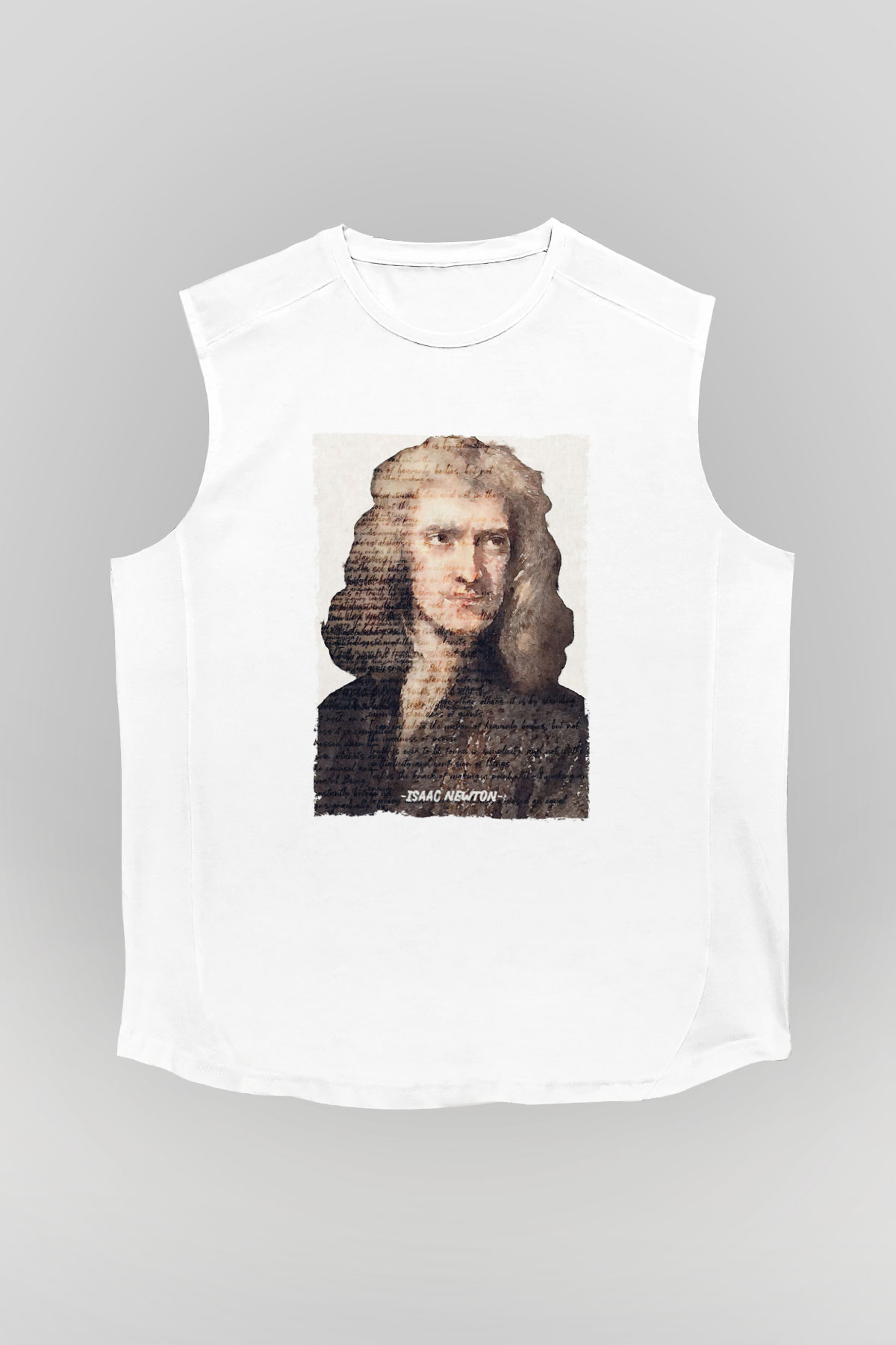 Isaac Newton Yazılı Portre Baskılı Unisex Kolsuz Beyaz Tişört - Tshirt