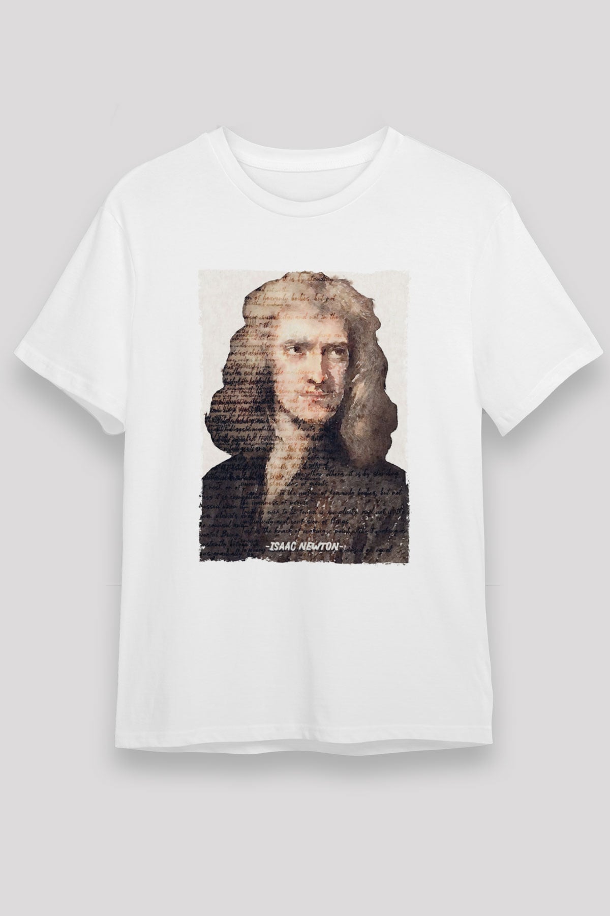 Isaac Newton Yazılı Portre Baskılı Unisex Beyaz Tişört - Tshirt