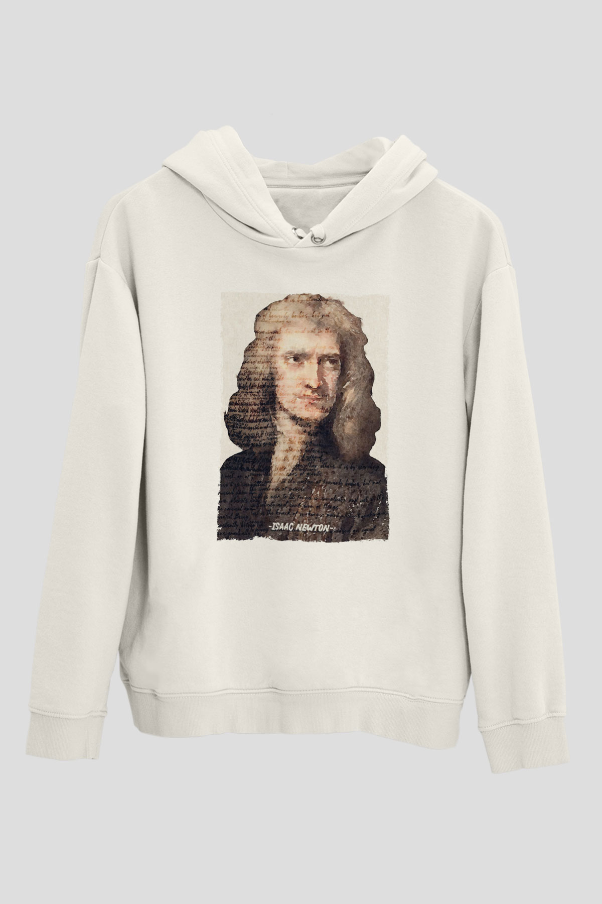 Isaac Newton Yazılı Portre Baskılı Unisex Ekru Hoodie