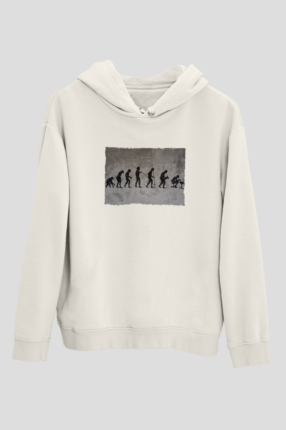 İşe Evrim Baskılı Unisex Ekru Hoodie