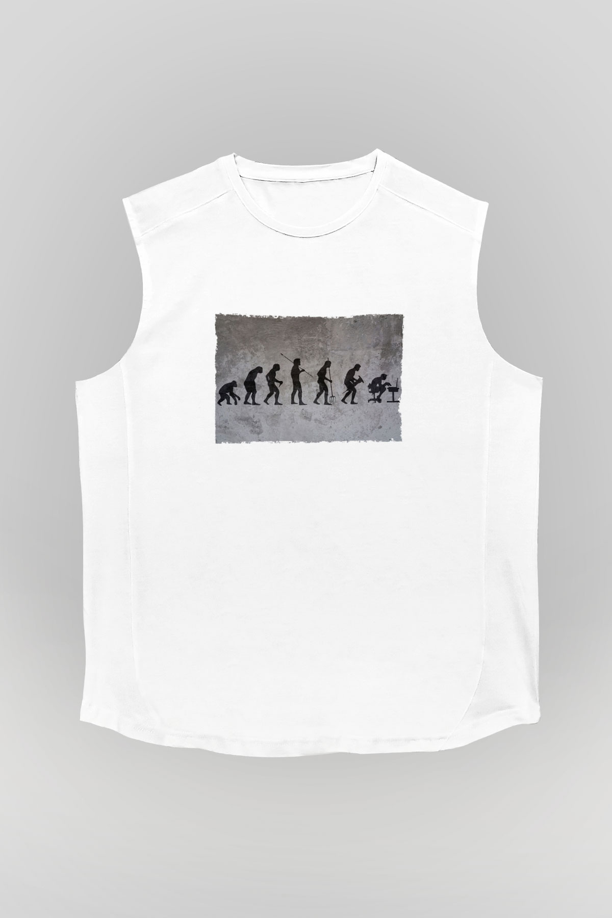 İşe Evrim Baskılı Unisex Kolsuz Beyaz Tişört - Tshirt