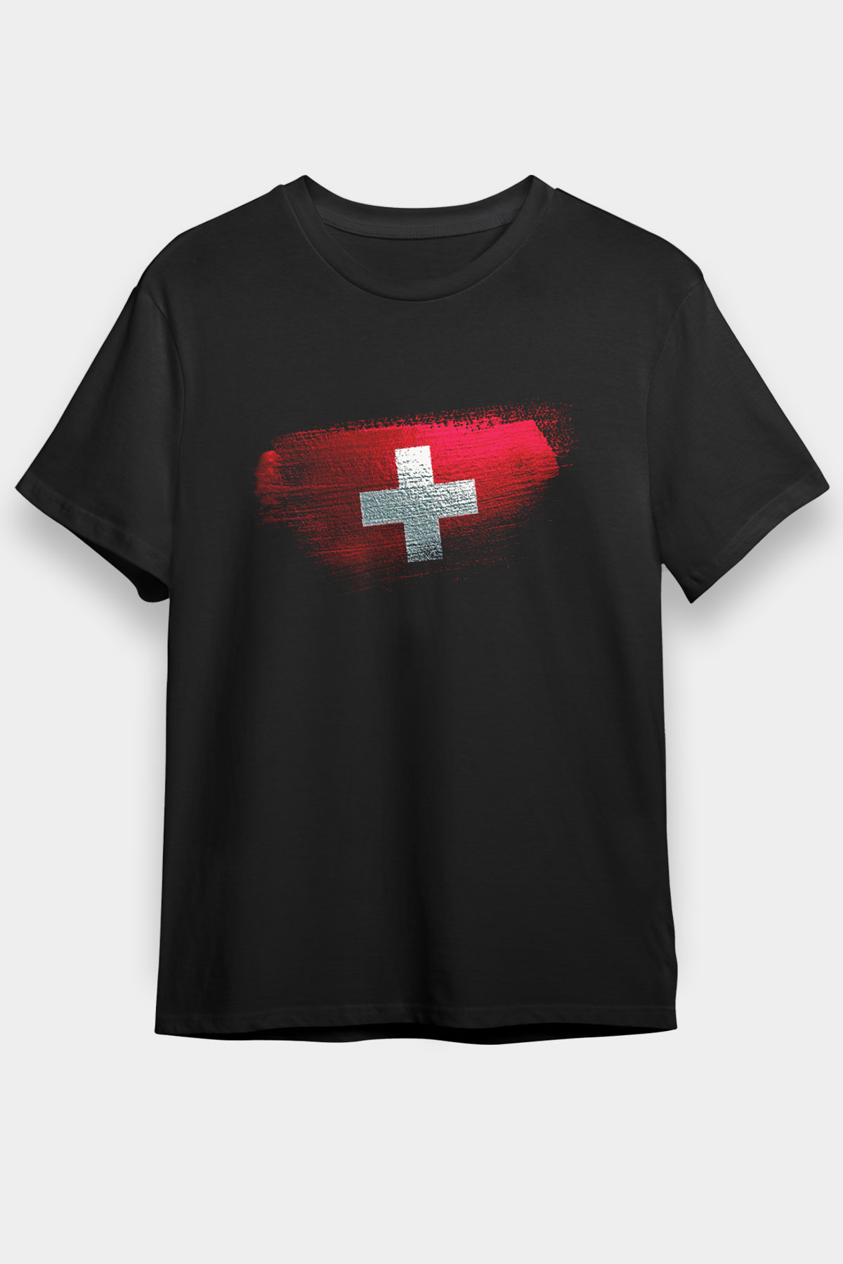İsviçre - Switzerland Bayrağı Baskılı Unisex Siyah Tişört