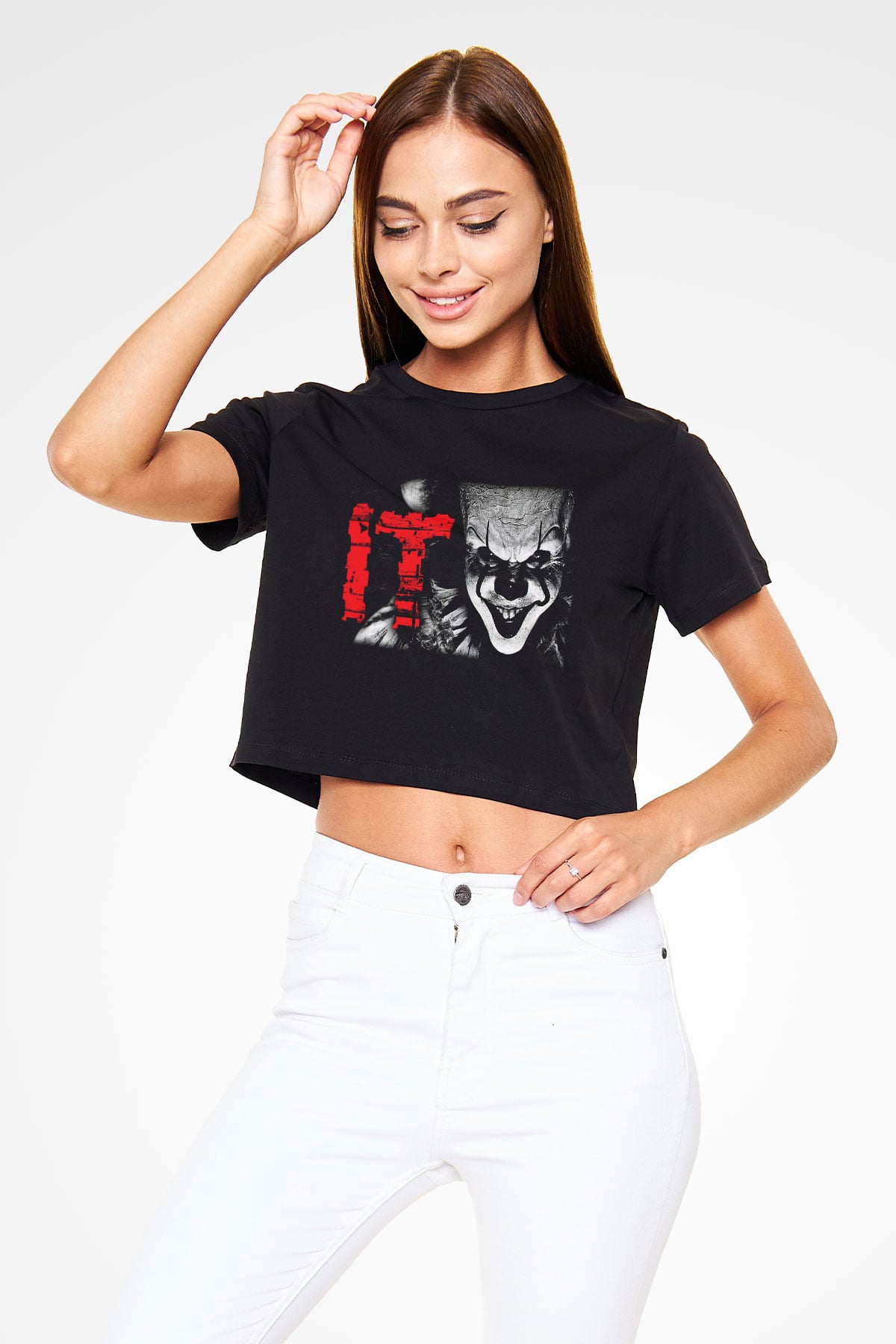 It Siyah Crop Top Tişört