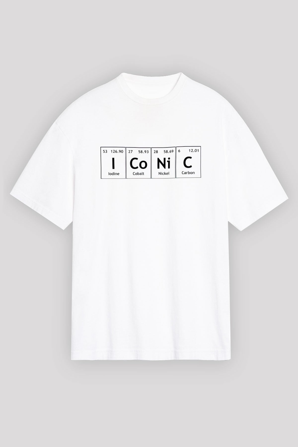 İyot Kobalt Nikel Karbon İconic Baskılı Unisex Beyaz Oversize Tişört