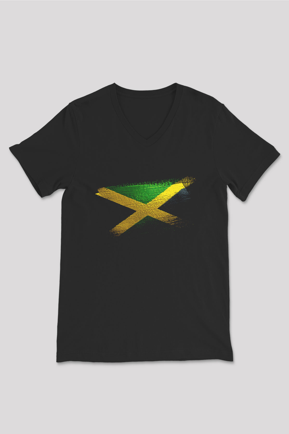 Jamaika - Jamaica Bayrağı Baskılı Unisex Siyah V Yaka Tişört