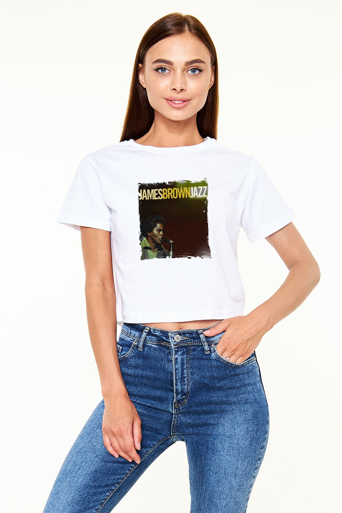 James Brown Baskılı Beyaz Kadın Crop Top Tişört