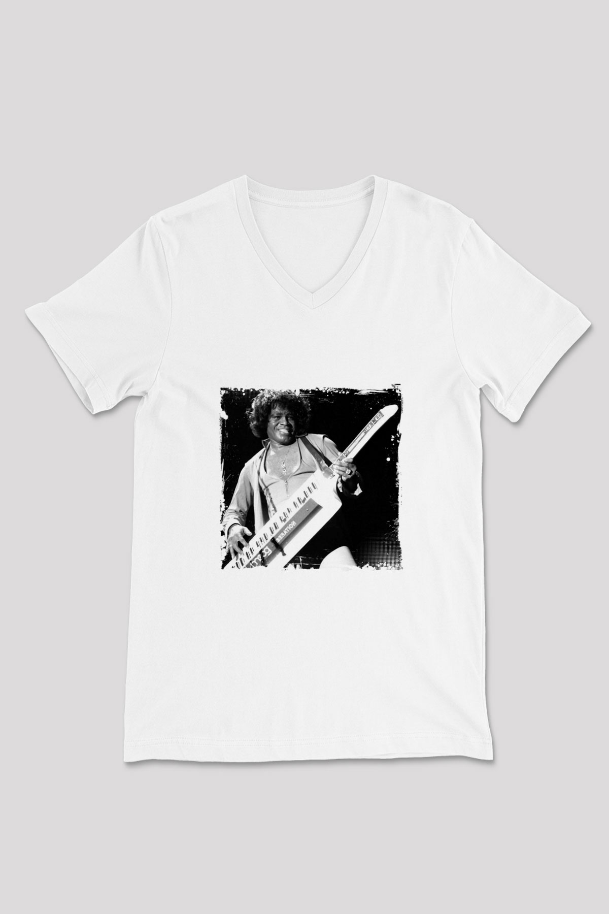 James Brown Baskılı Beyaz V Yaka Unisex Tişört