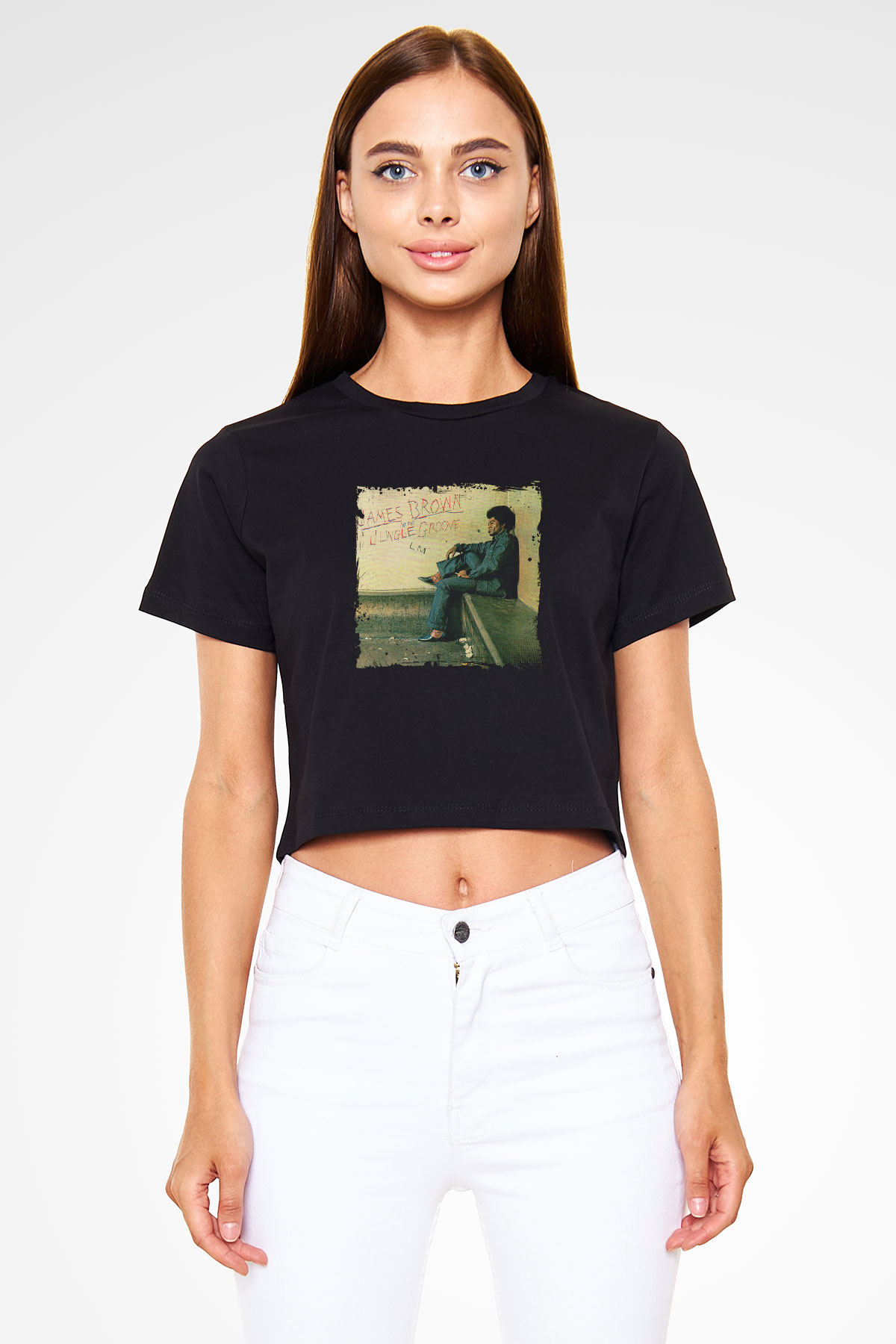 James Brown Baskılı Crop Top Siyah Kadın Tişört