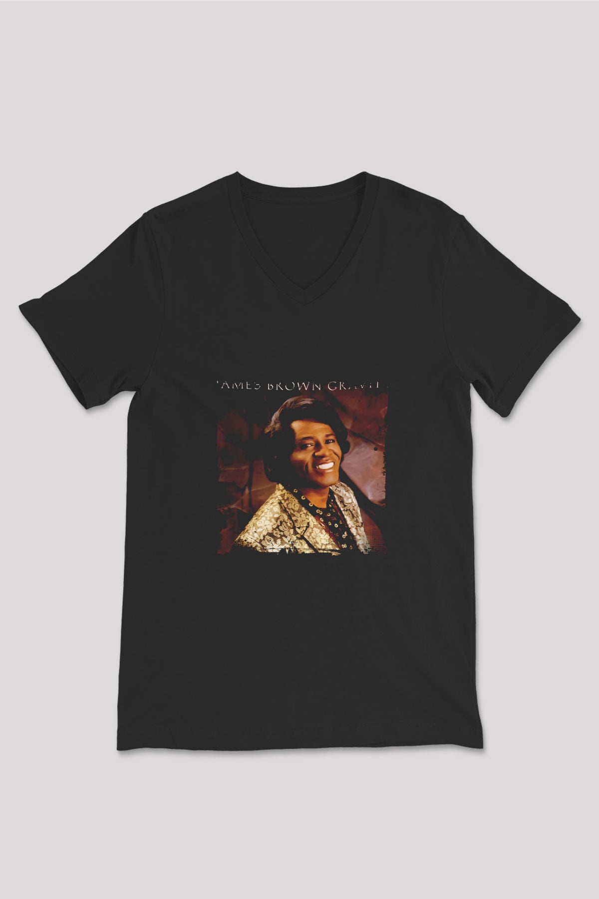 James Brown Baskılı Unisex Siyah V Yaka Tişört