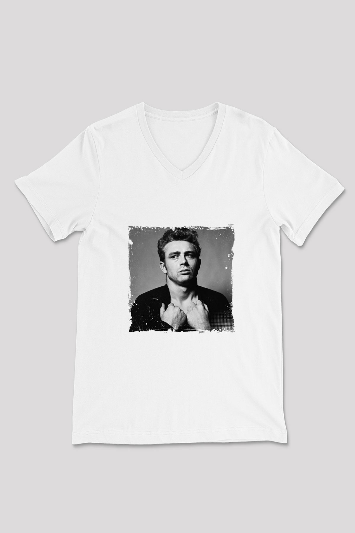James Dean Baskılı V Yaka Unisex Beyaz Tişört