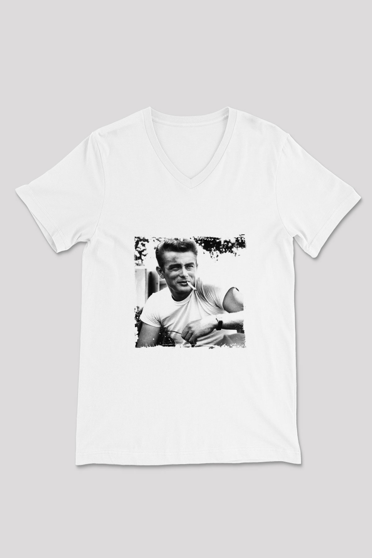 James Dean Baskılı V Yaka Unisex Beyaz Tişört