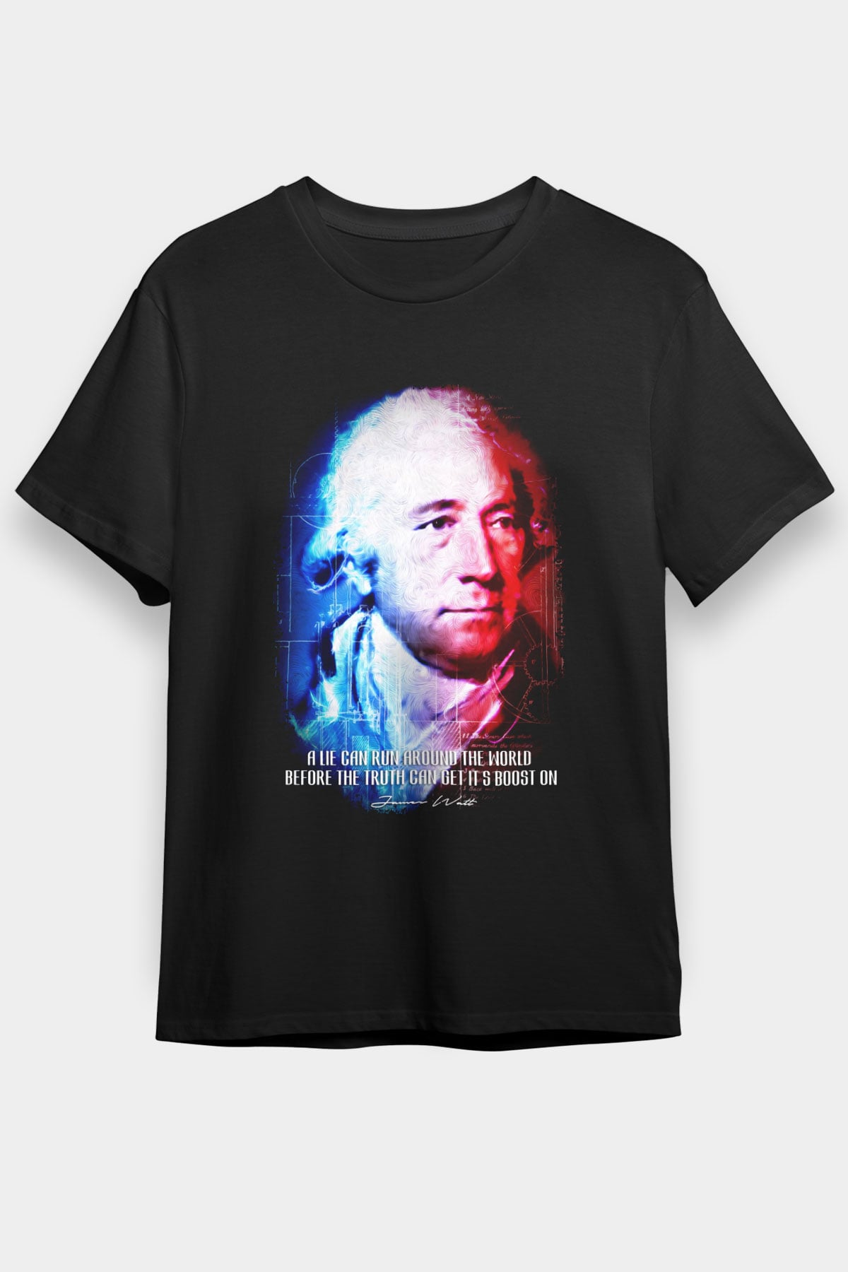 James Watt Portre Baskılı Unisex Siyah Tişört - Tshirt