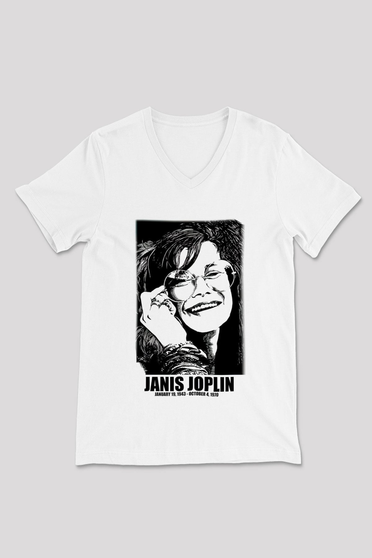 Janis Joplin Beyaz Unisex V Yaka Tişört T-Shirt