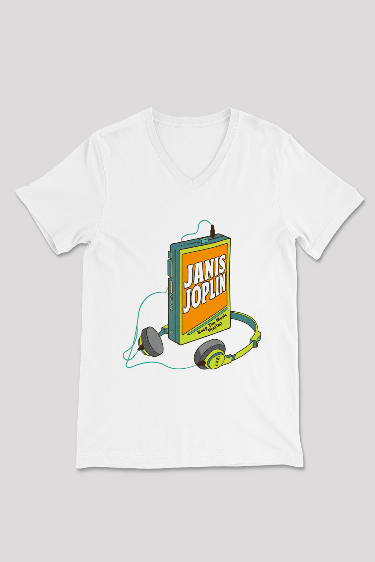 Janis Joplin Beyaz Unisex V Yaka Tişört