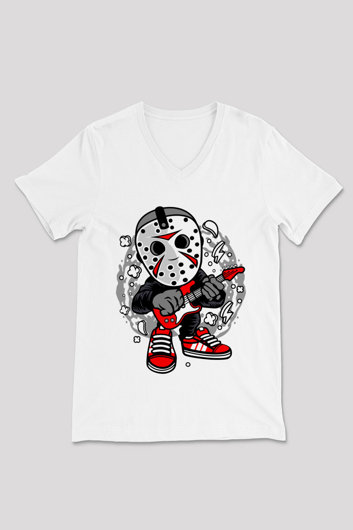 Jason Rockstar Baskılı Unisex Beyaz V Yaka Tişört