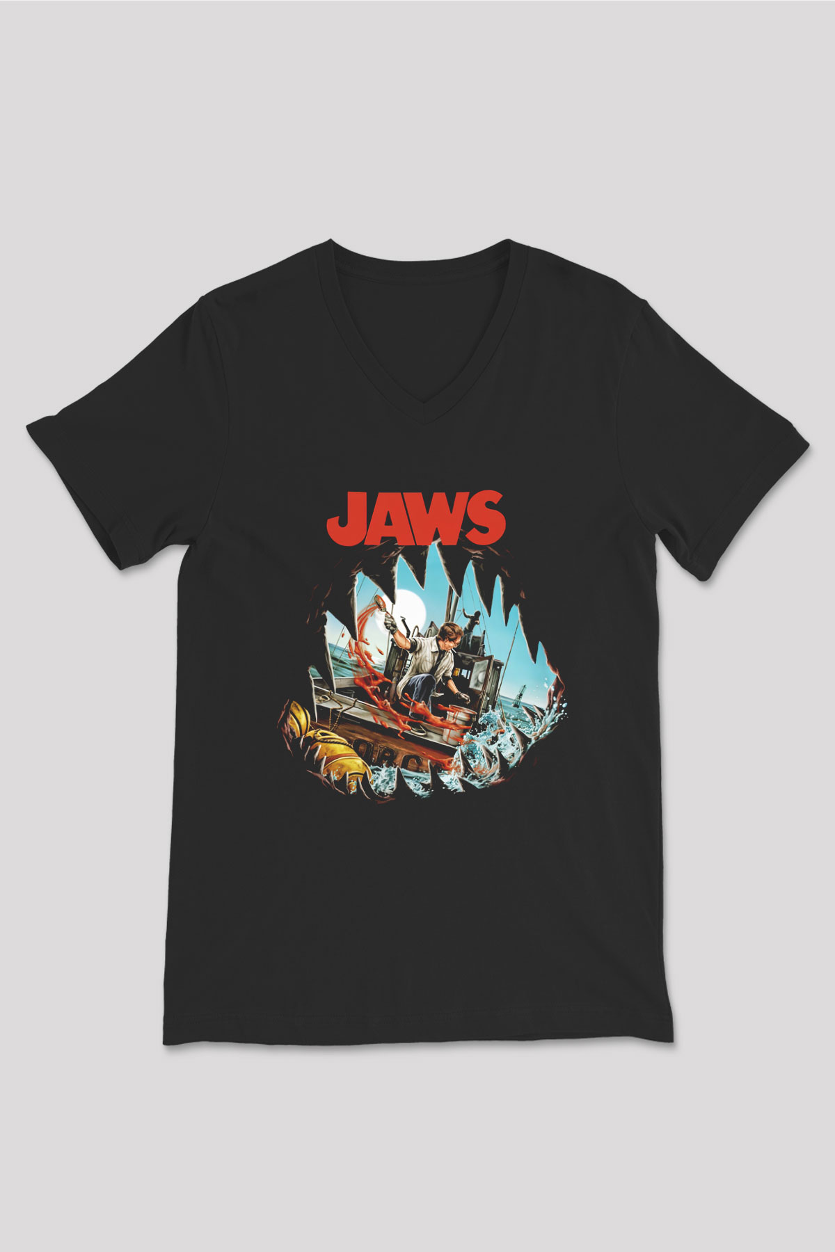Jaws Siyah Unisex V Yaka Tişört T-Shirt