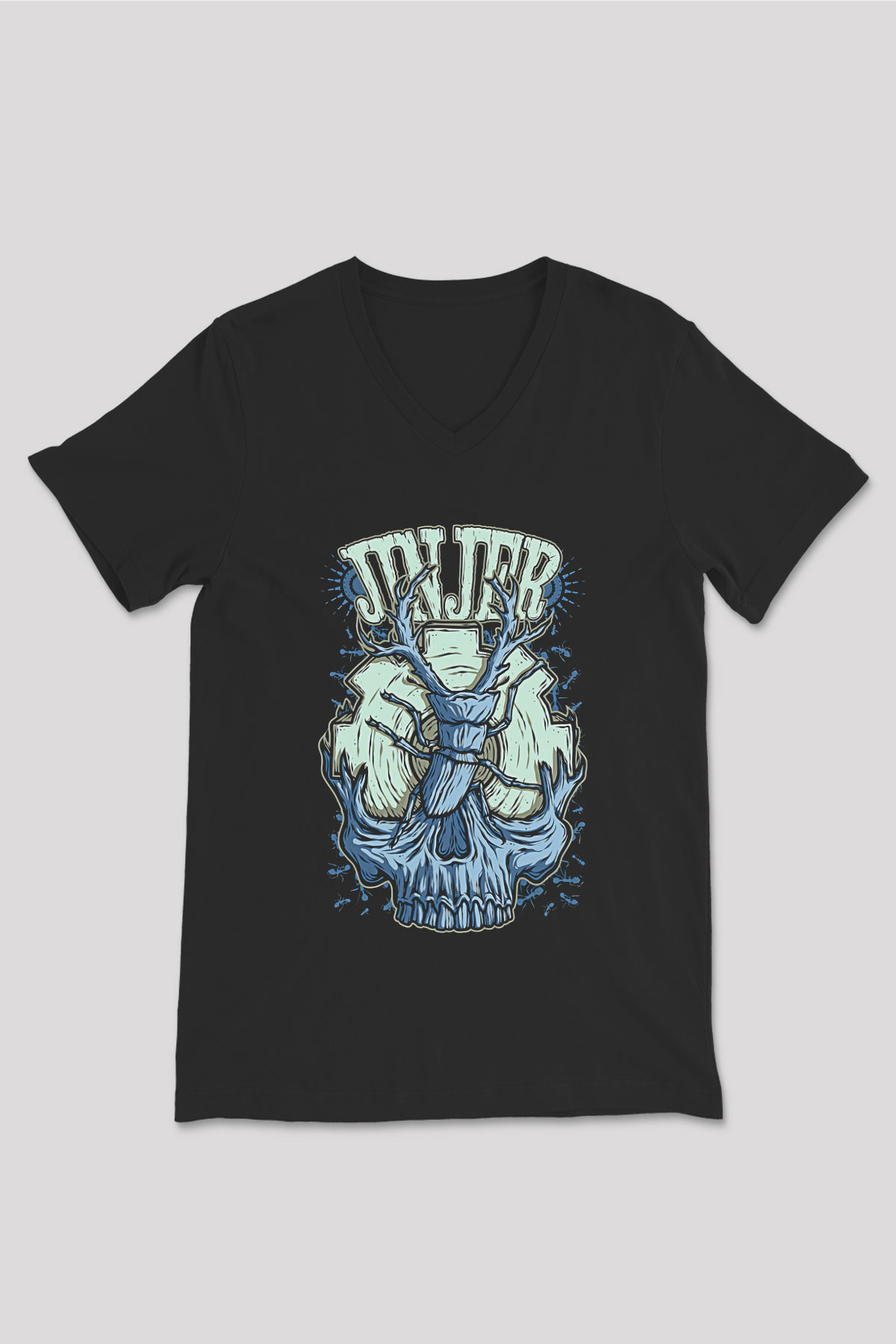 Jinjer Baskılı Unisex Siyah V Yaka Tişört - Tshirt