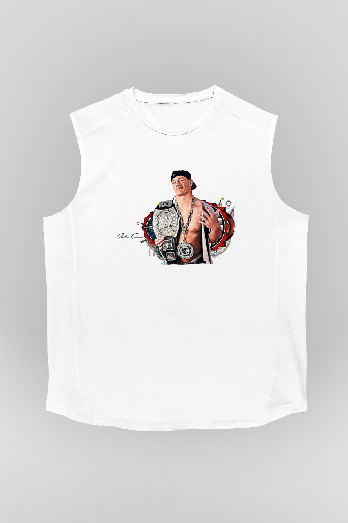 John Cena Baskılı Beyaz Unisex Kolsuz Tişört - Tshirt