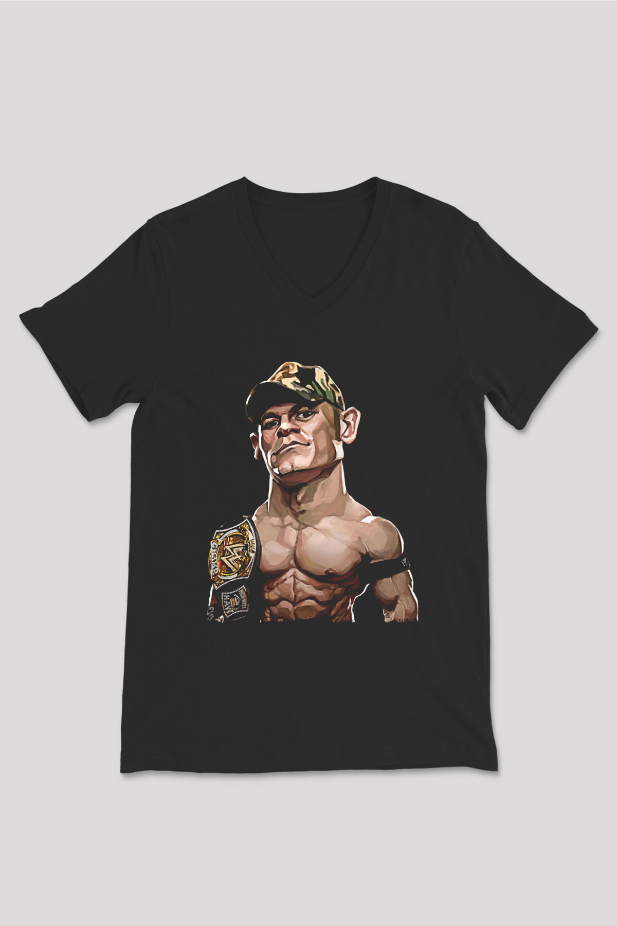 John Cena Baskılı Unisex Siyah V Yaka Tişört - Tshirt