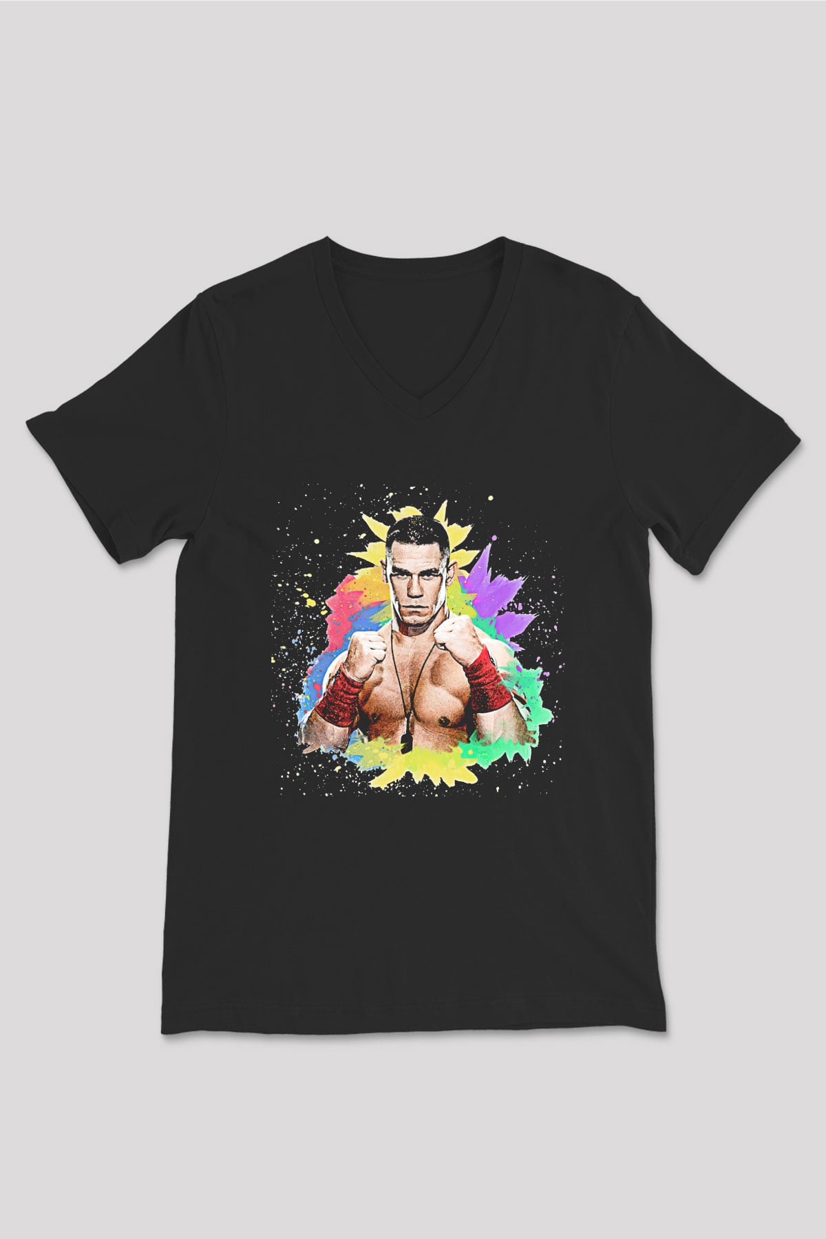 John Cena Baskılı Unisex Siyah V Yaka Tişört - Tshirt