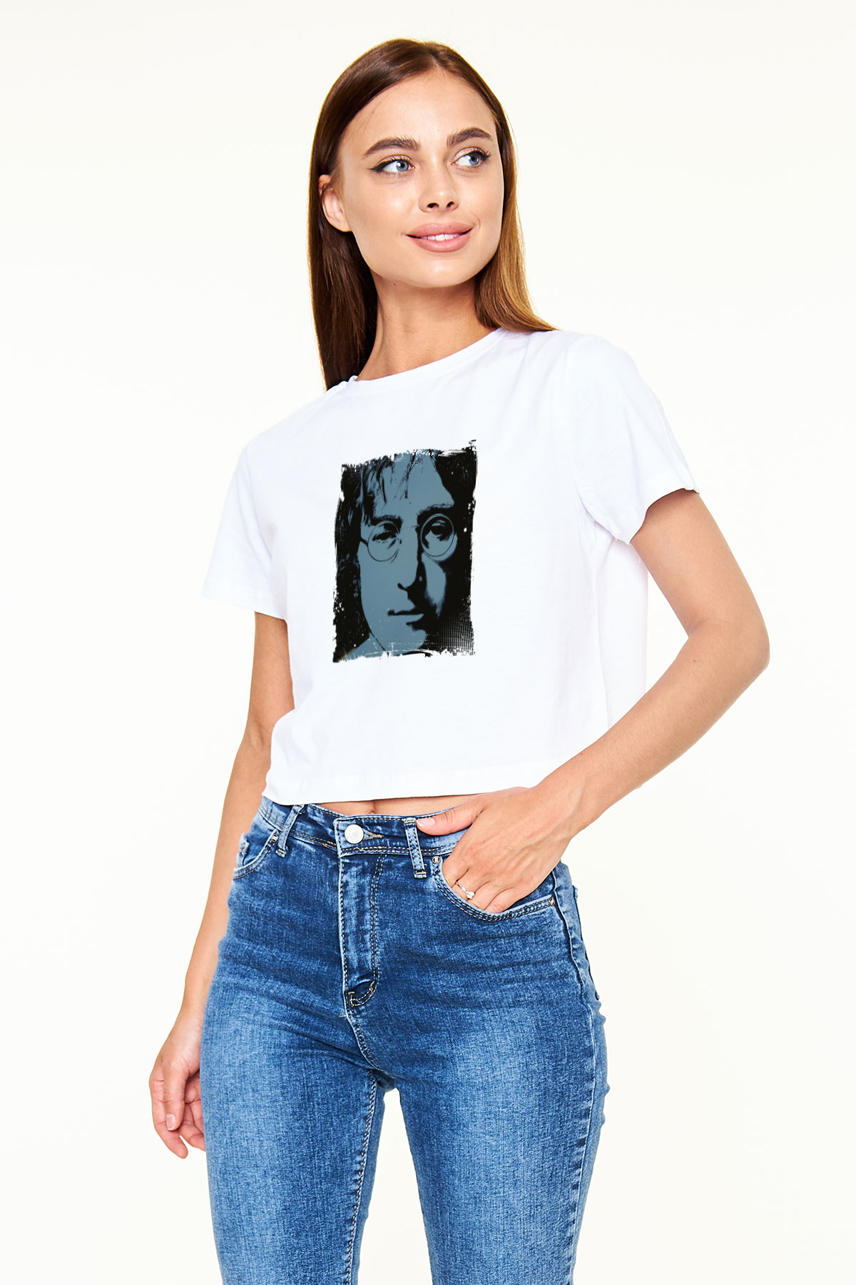 John Lennon Baskılı Beyaz Kadın Crop Top Tişört