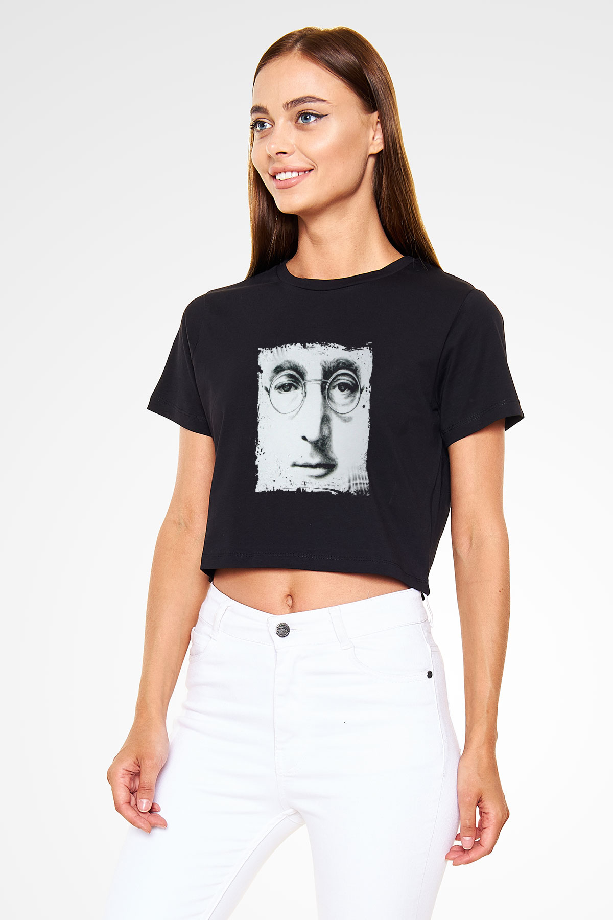 John Lennon Baskılı Siyah Kadın Crop Top Tişört