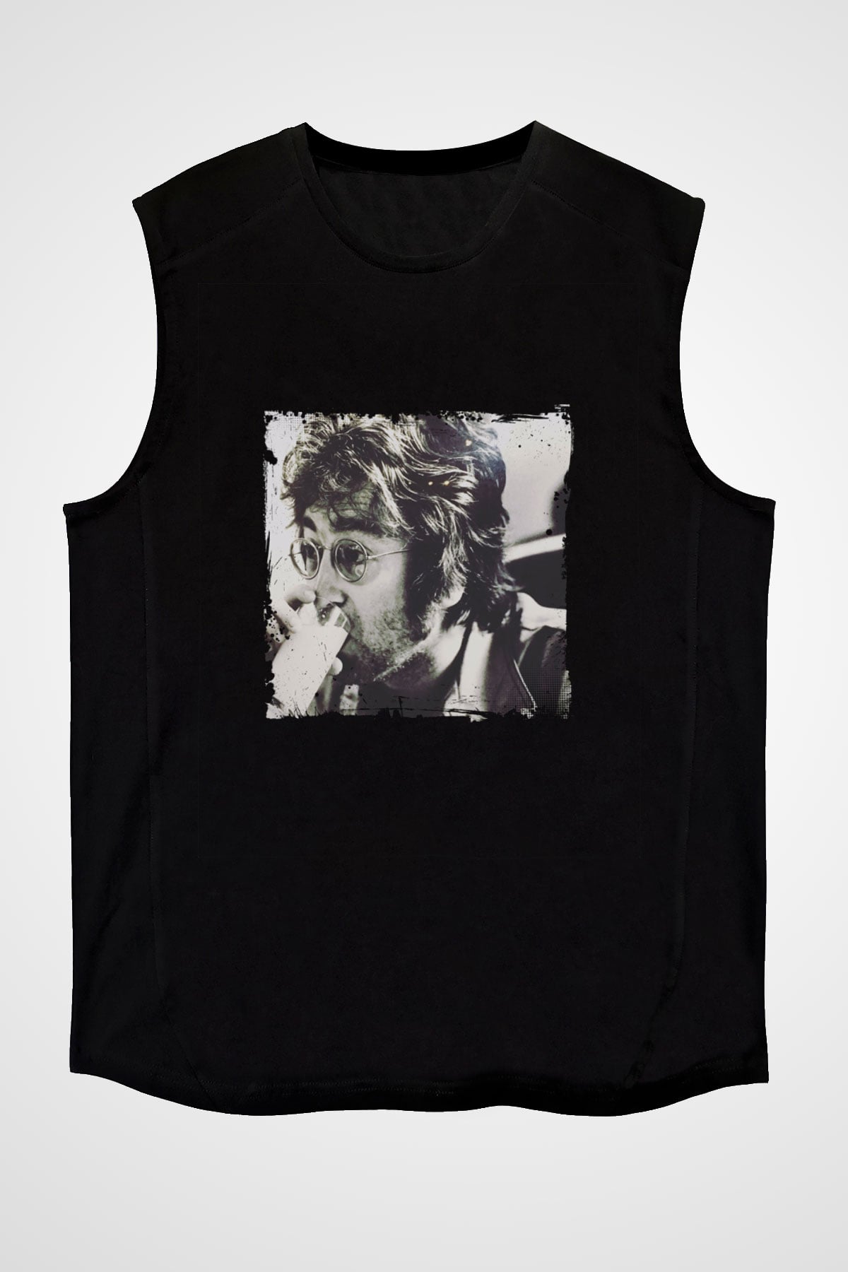 John Lennon Baskılı Unisex Siyah Kolsuz Tişört