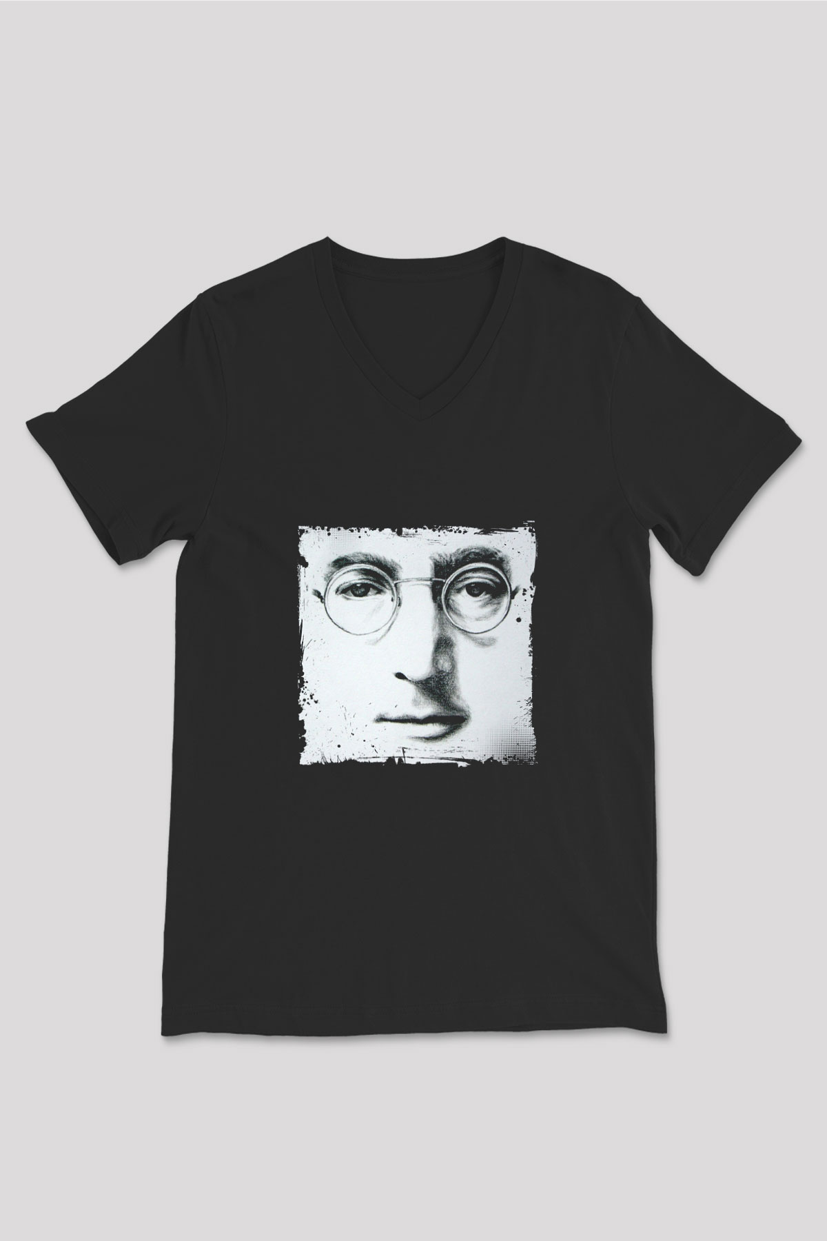 John Lennon Baskılı Unisex Siyah V Yaka Tişört