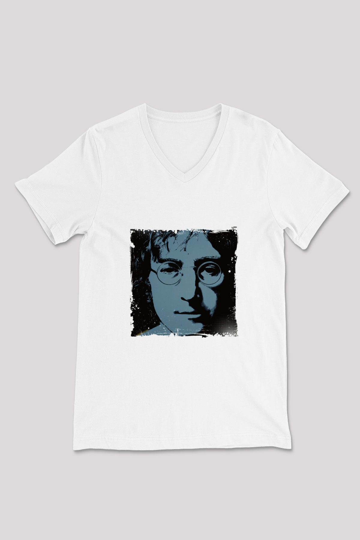 John Lennon Baskılı V Yaka Unisex Beyaz Tişört