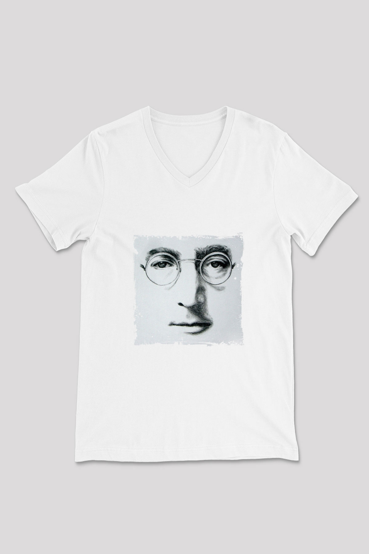 John Lennon Baskılı V Yaka Unisex Beyaz Tişört
