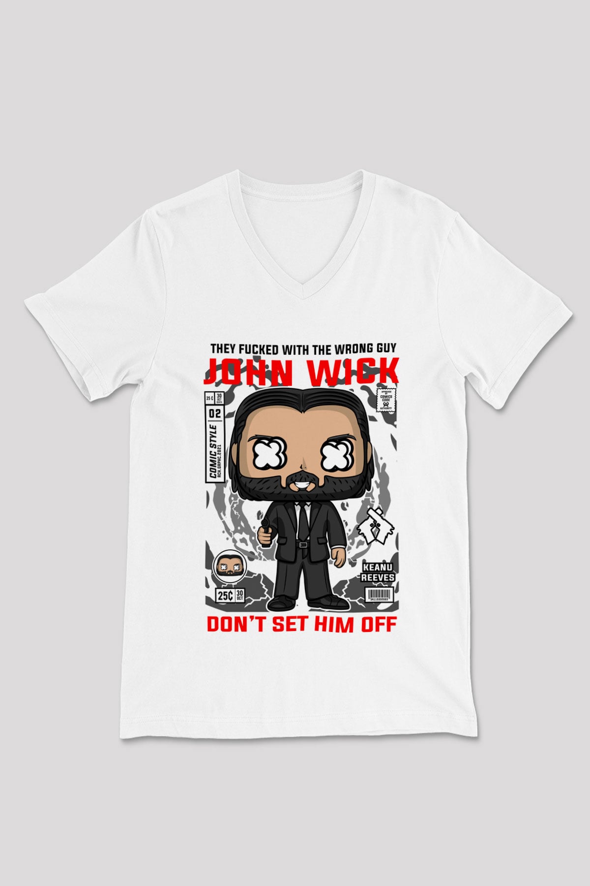 John Wick Baskılı Unisex Beyaz V Yaka Tişört