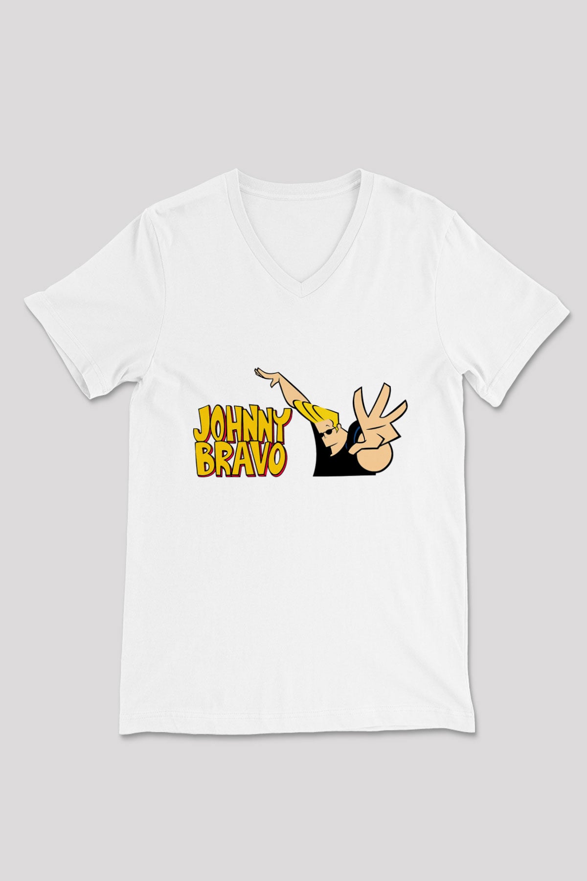 Johnny Bravo Beyaz Unisex V Yaka Tişört T-Shirt