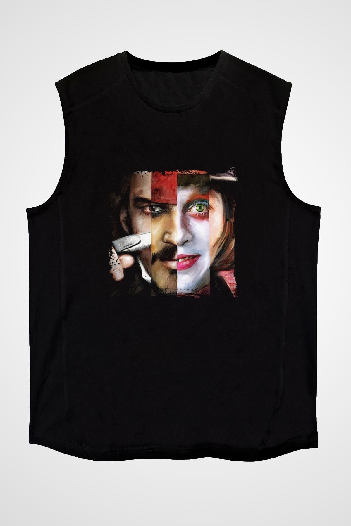 Johnny Depp Baskılı Unisex Siyah Kolsuz Tişört