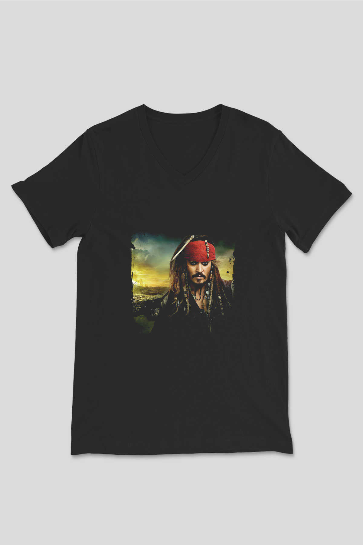 Johnny Depp Baskılı Unisex Siyah V Yaka Tişört
