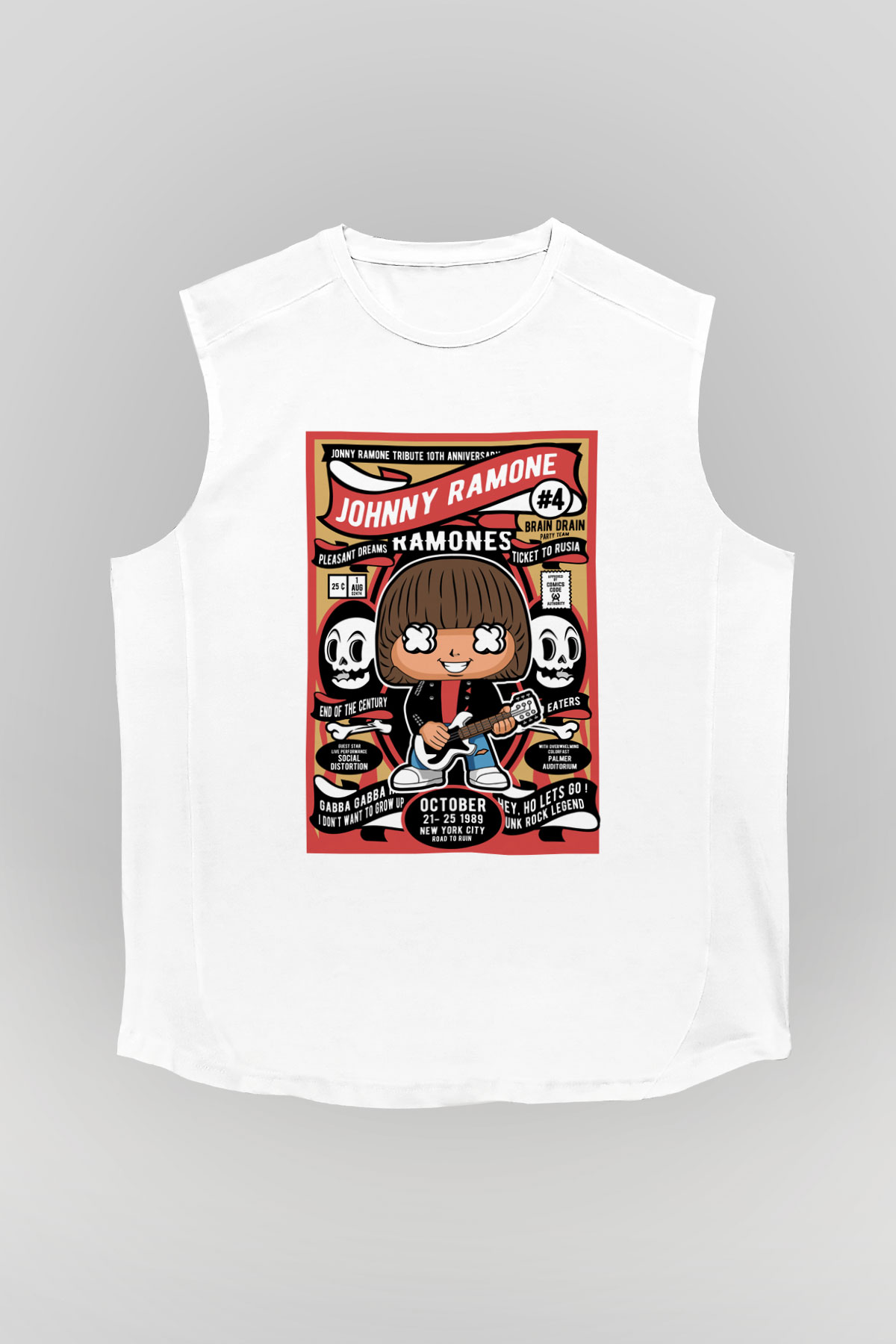 Johny Ramones Baskılı Unisex Beyaz Kolsuz Tişört