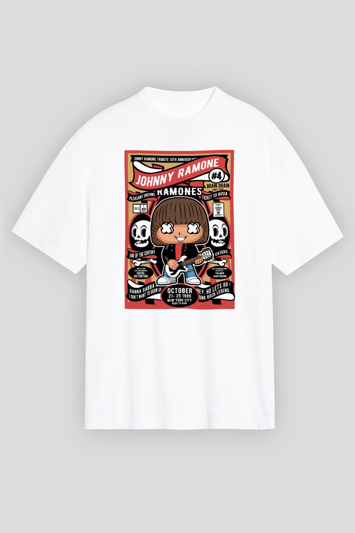 Johny Ramones Baskılı Unisex Beyaz Oversize Tişört