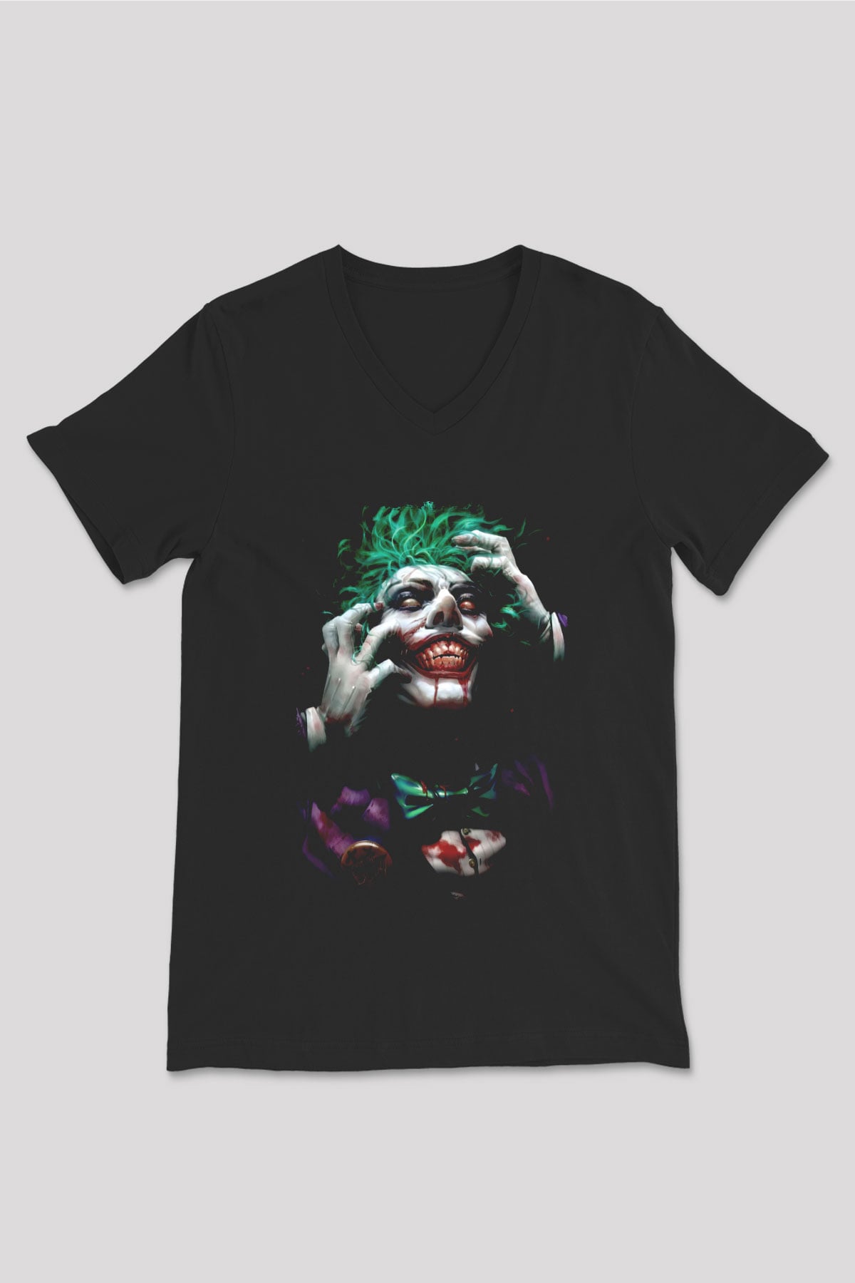 Joker Baskılı Unisex Siyah  V Yaka Tişört
