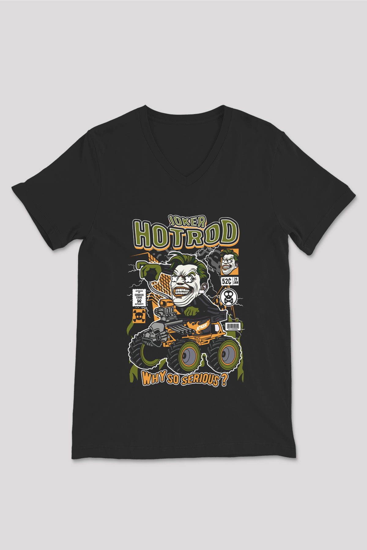 Joker Hotrod Baskılı Unisex Siyah V Yaka Tişört