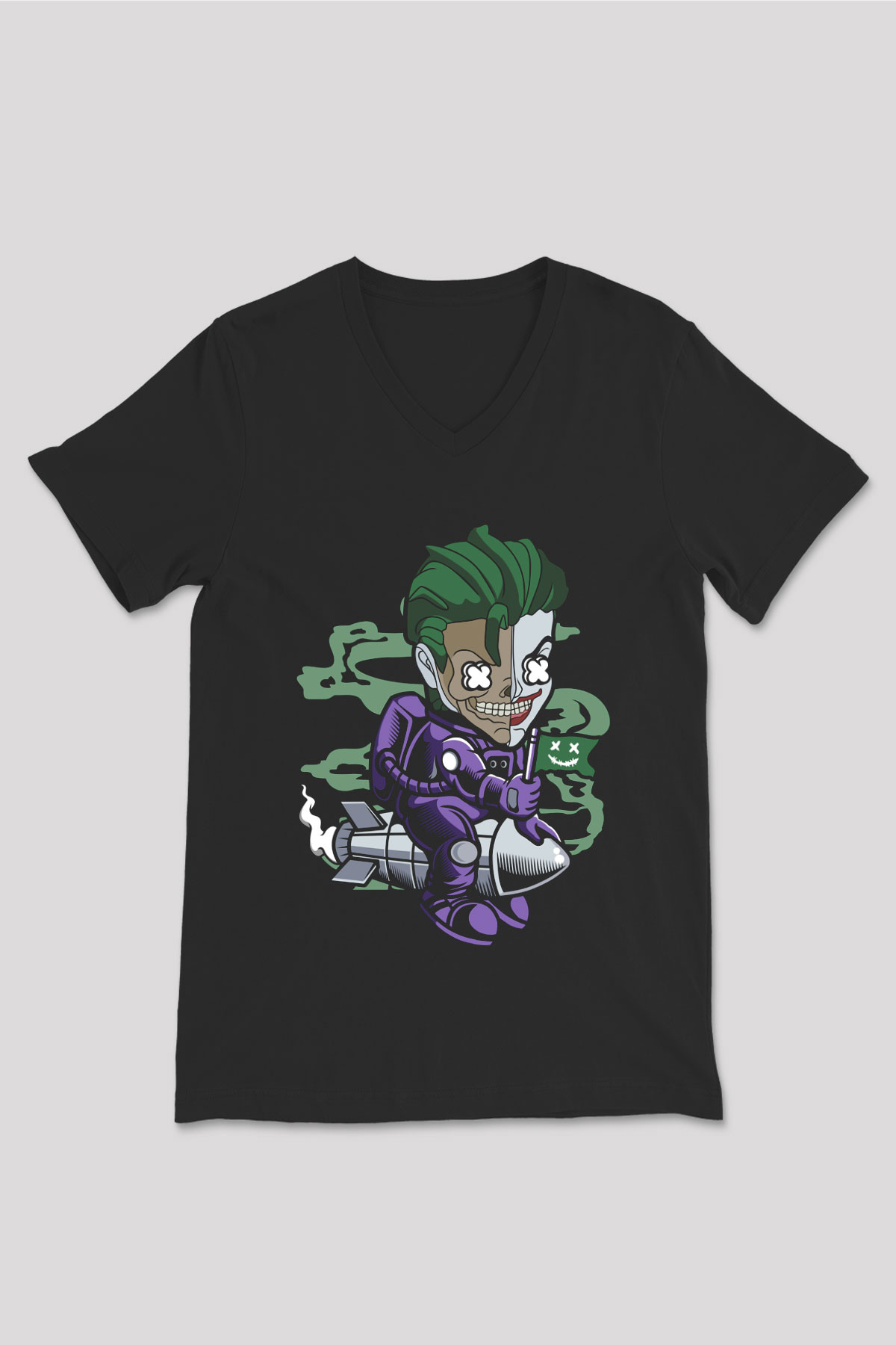 Joker Riding Rocket Baskılı Unisex Siyah V Yaka Tişört